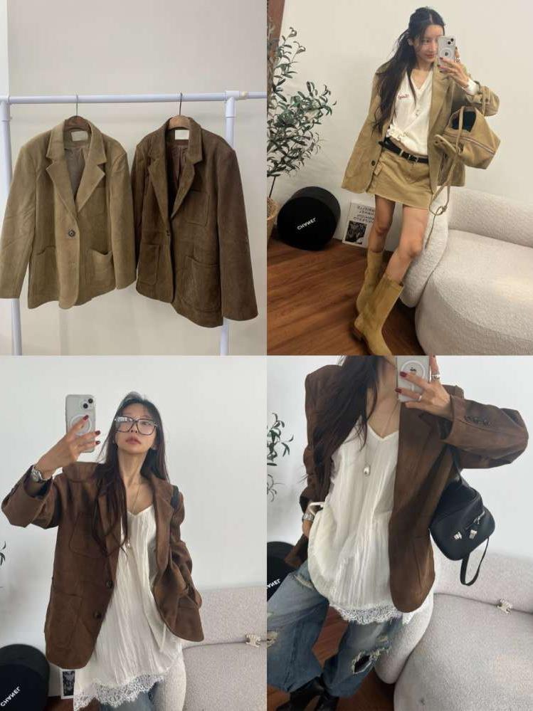 多口袋雙扣麂皮西裝外套